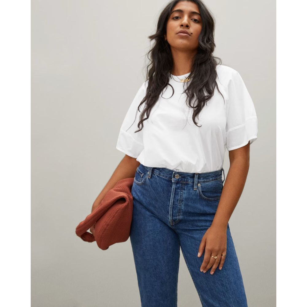 Everlane Circle Blouse Top Womens Size 2 White Short Sleeve Back Tie Cotton NEW